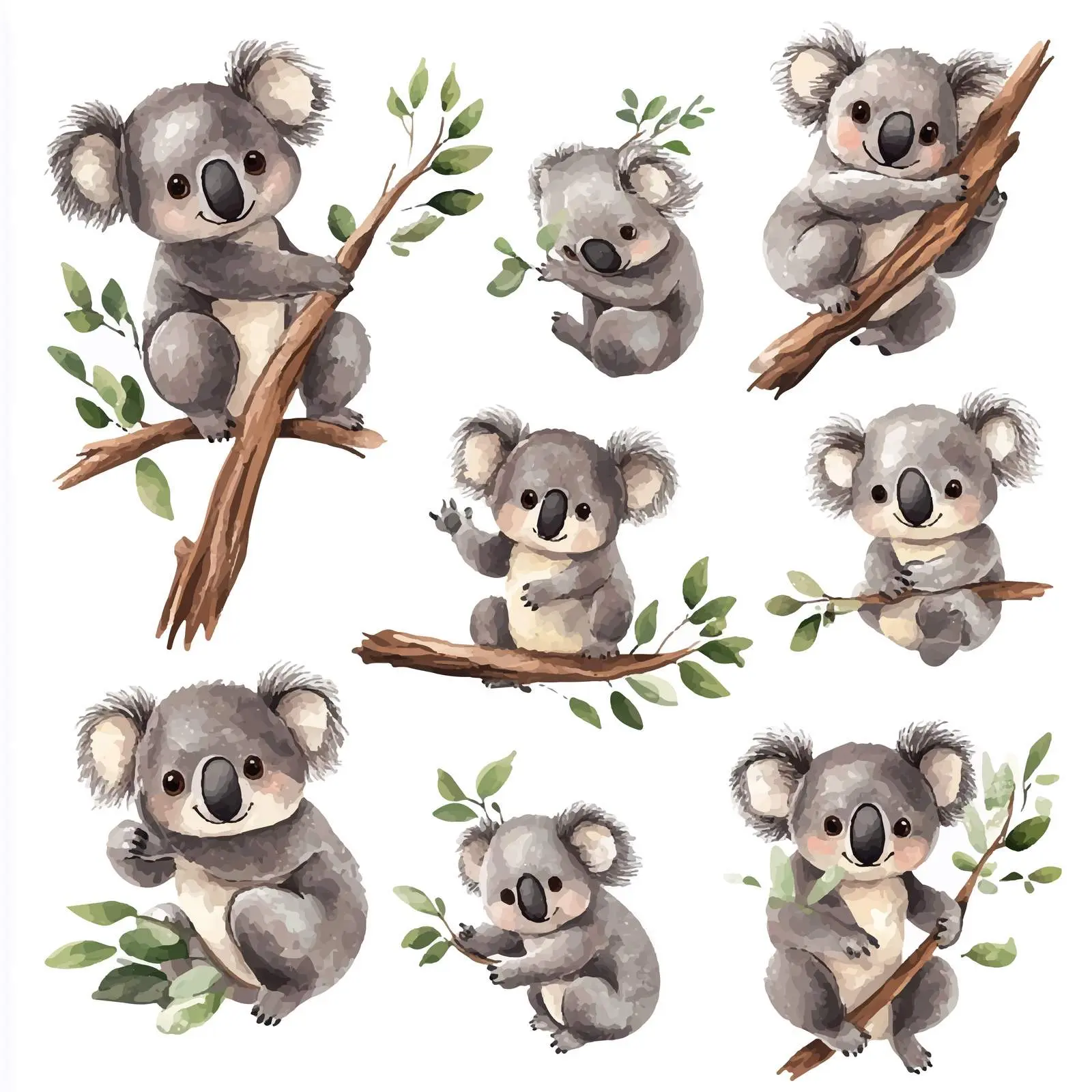 Cute Watercolor Koalas in Cartoon Style – free watercolor effect image from Dotvec
