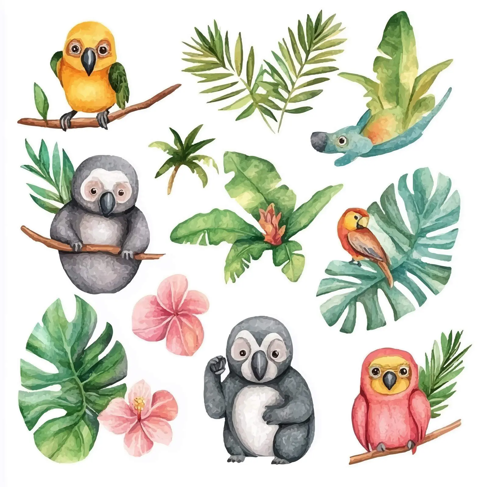 Cute Koala and Tropical Plants Watercolor Set — free download from Dotvec