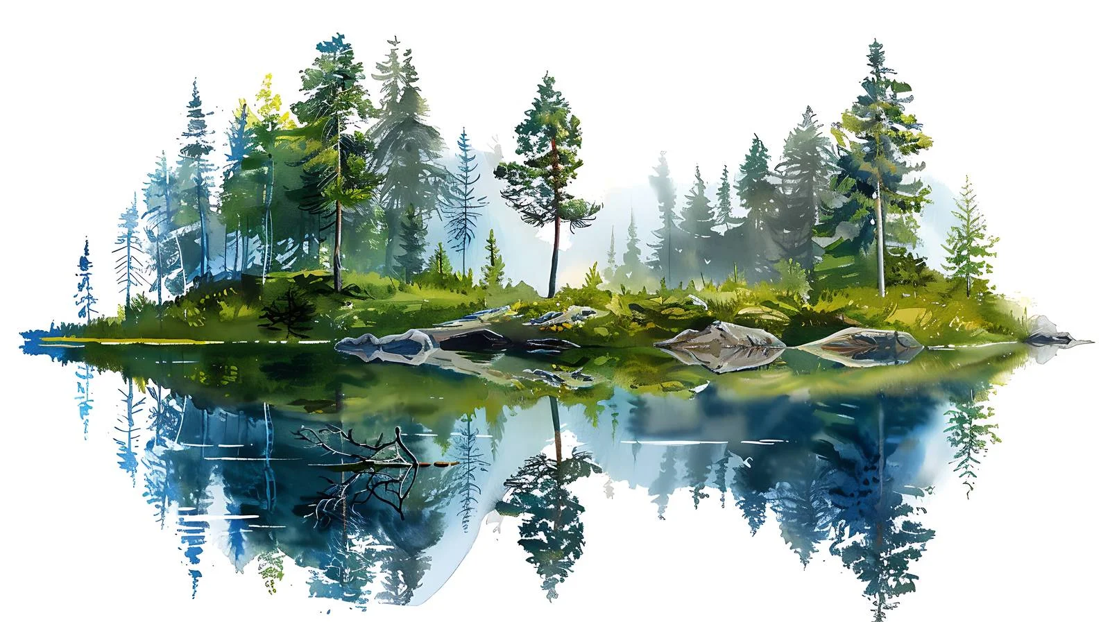 Tranquil Lake Amid Forest on White — free download from Dotvec