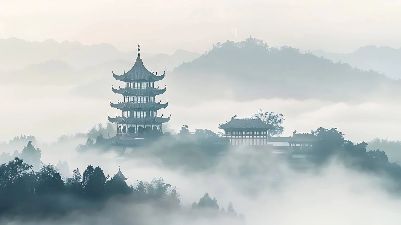 Serene Temple Morning Mist Scene — free download from Dotvec