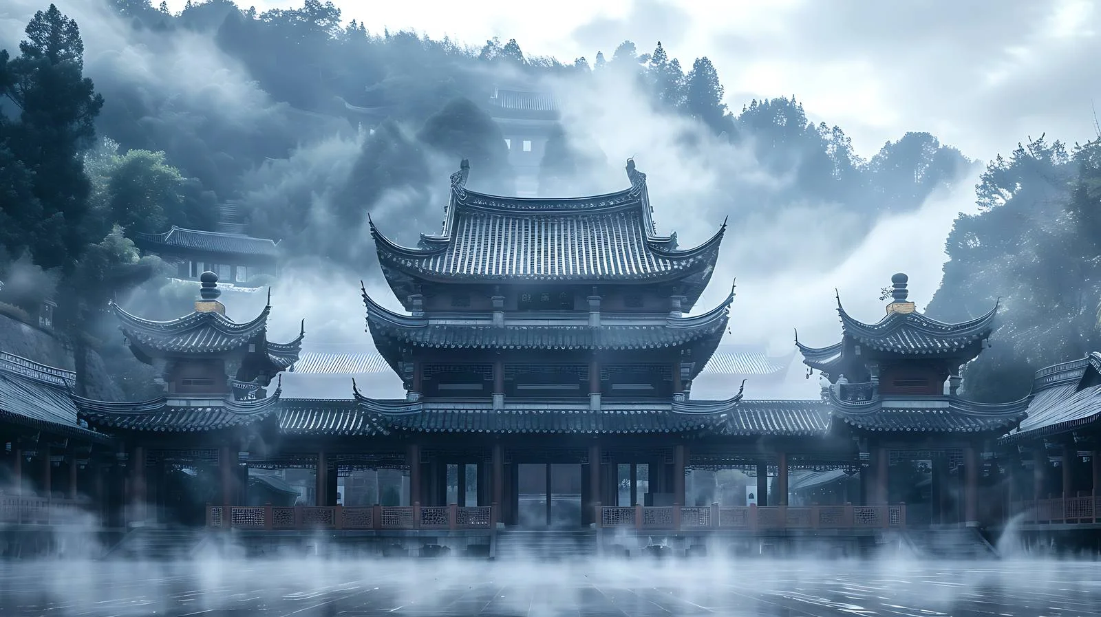 Tranquil Langyi Temple Morning Mist White — free download from Dotvec