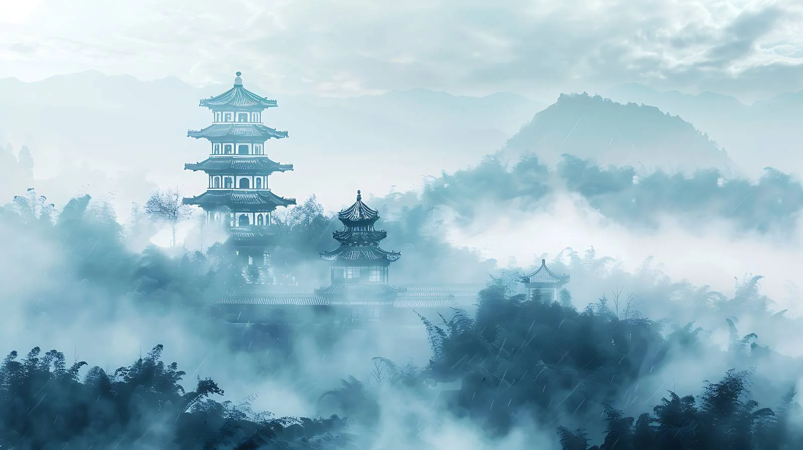 Serene Temple Morning Mist on White — free download from Dotvec