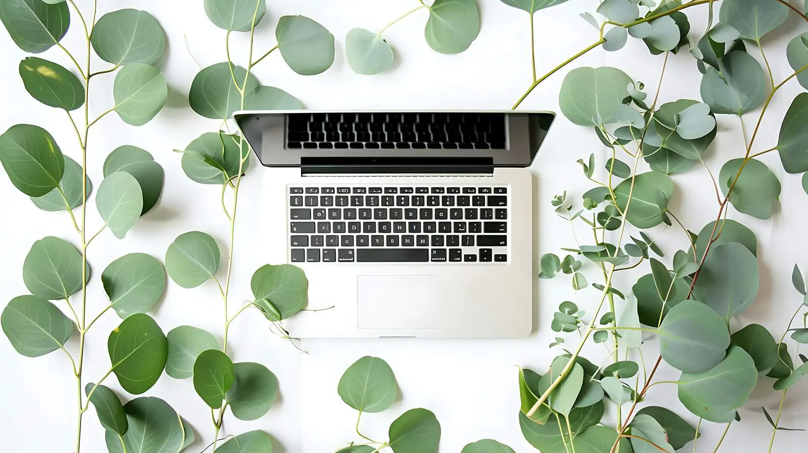 Minimalist Flat Lay with Laptop and Eucalyptus — free download from Dotvec