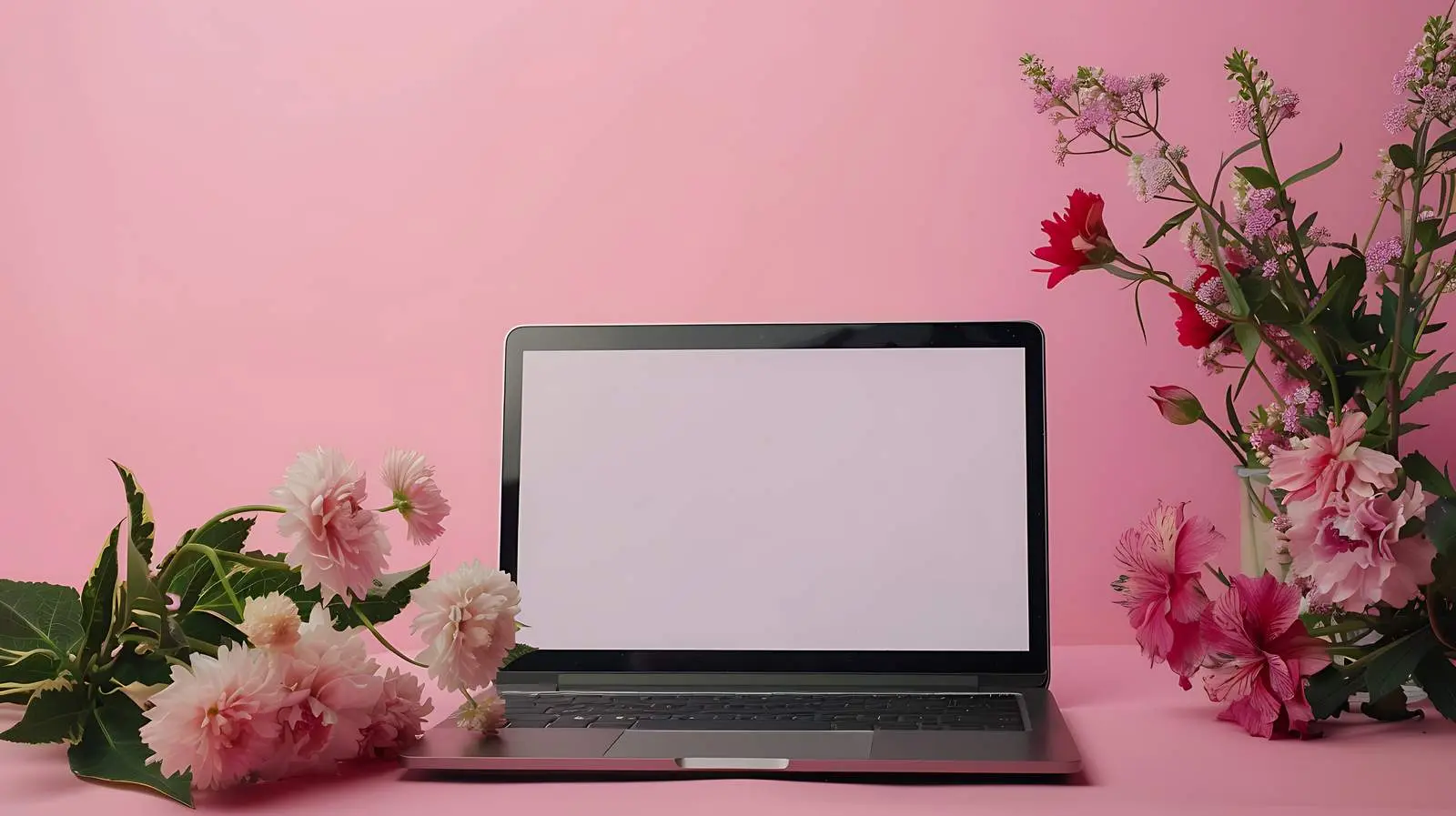 Laptop and Floral Bouquet on Pink Background — free download from Dotvec