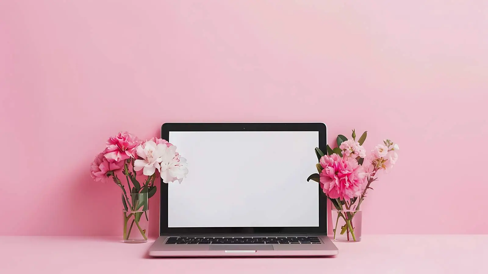 Laptop and Bouquet on Pink Background — free download from Dotvec