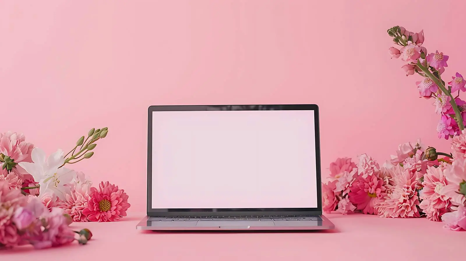 Laptop with Flower Bouquet on Pink Background — free download from Dotvec