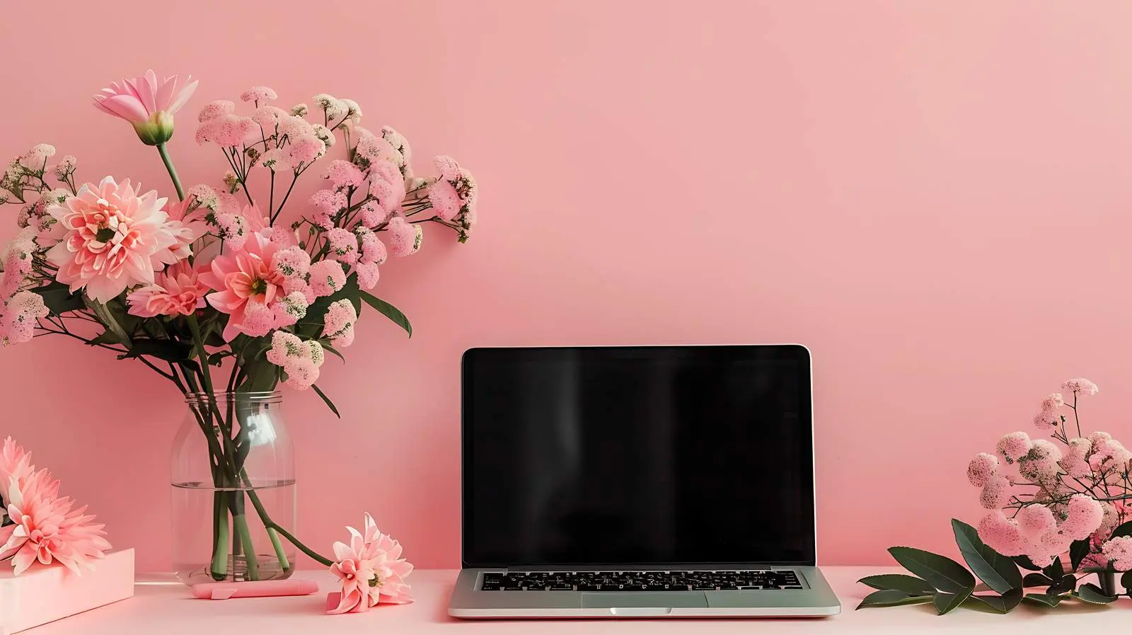 Laptop with Floral Bouquet on Pink Backdrop — free download from Dotvec