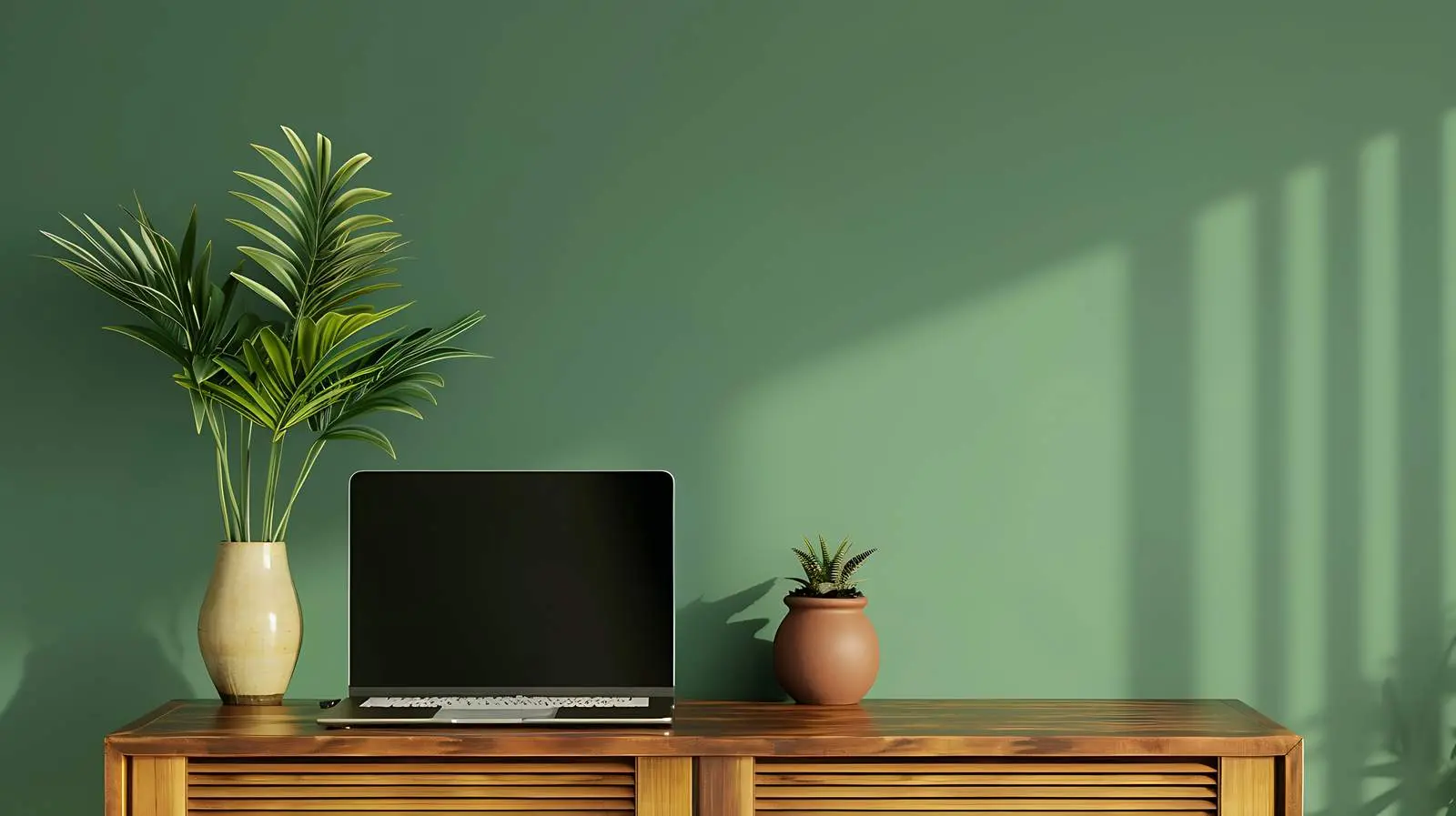 Laptop and Clay Pots on Wooden Cabinet — free download from Dotvec