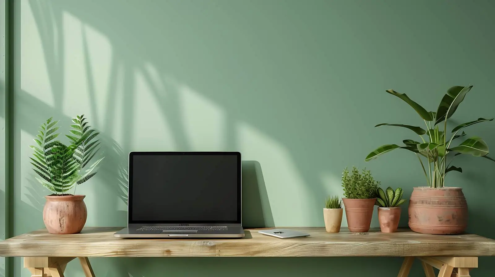 Laptop and Clay Pots on Wooden Cabinet – free cabinet image from Dotvec
