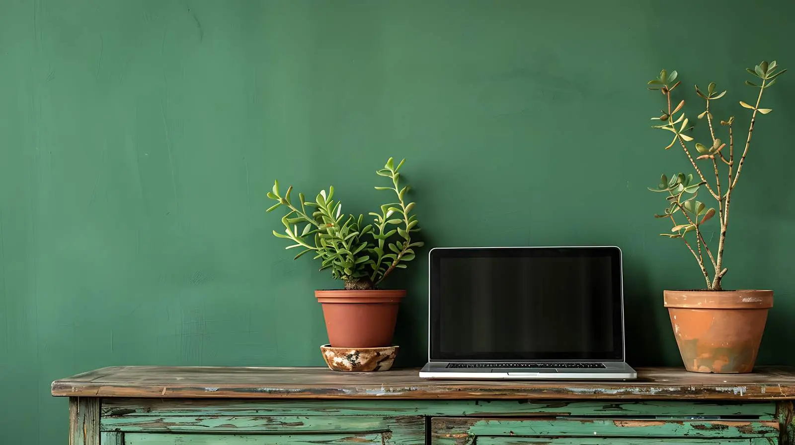 Laptop and Clay Pots on Wooden Cabinet — free download from Dotvec