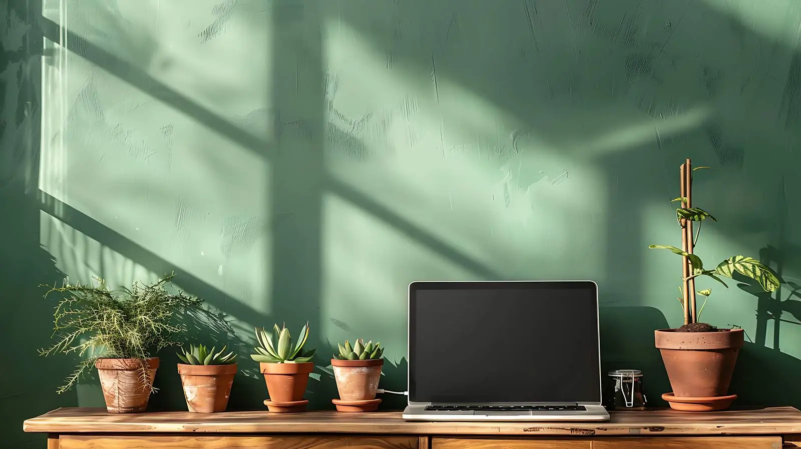 Laptop and Clay Pots on Wooden Cabinet – free cabinet image from Dotvec