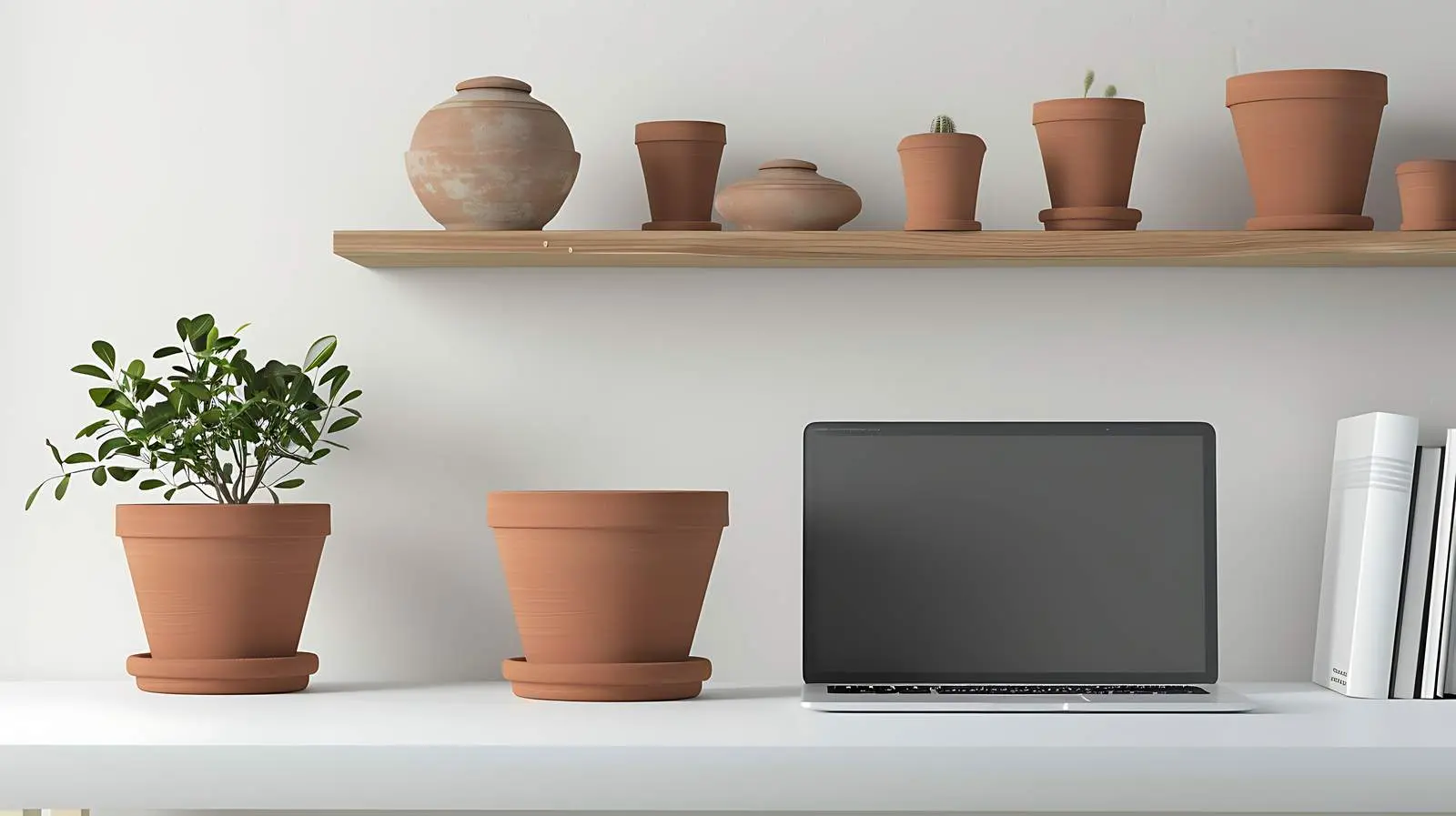 Laptop and Clay Pots on Red Shelf — free download from Dotvec