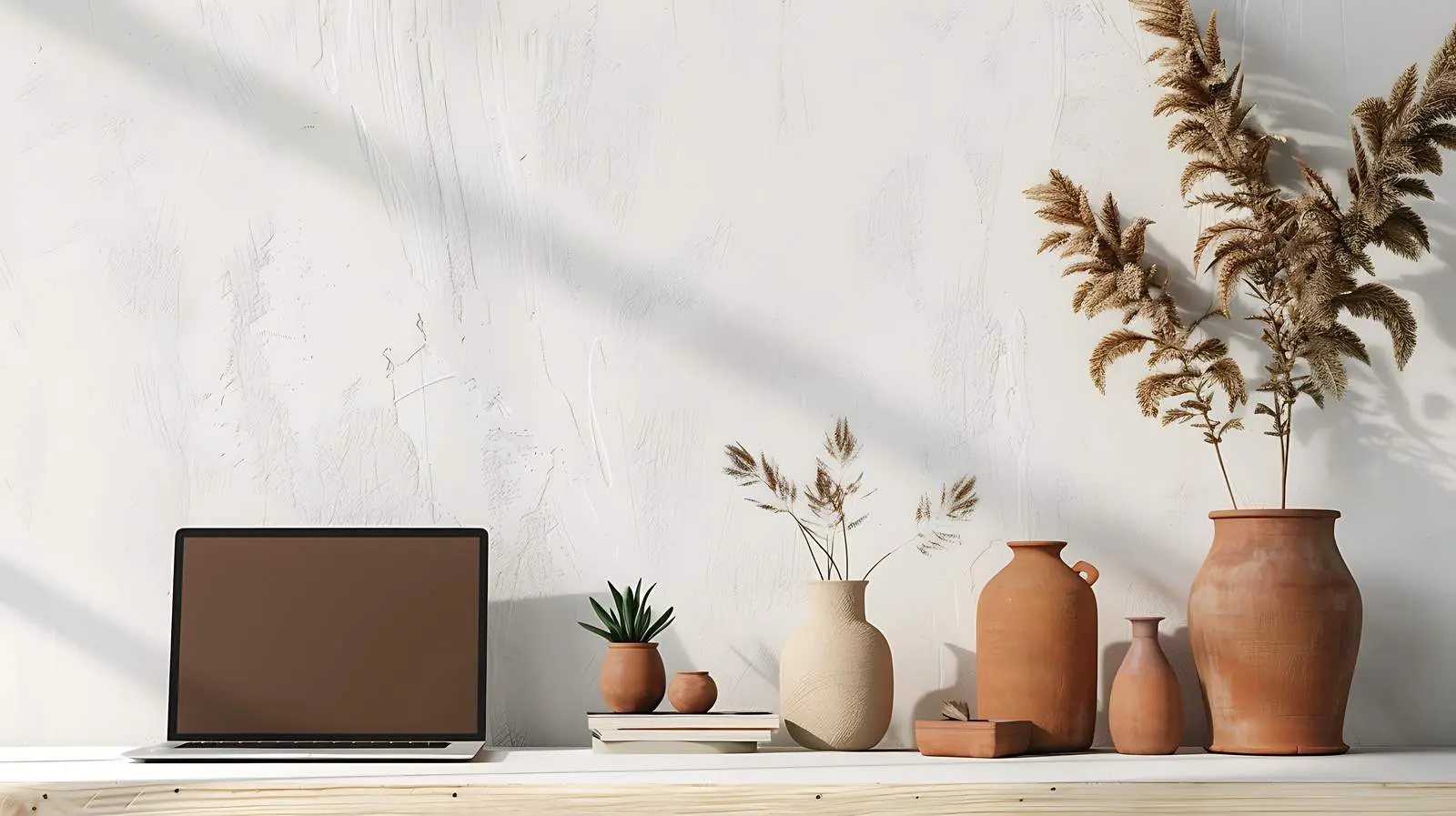 Laptop and Clay Pots on Red Shelf — free download from Dotvec