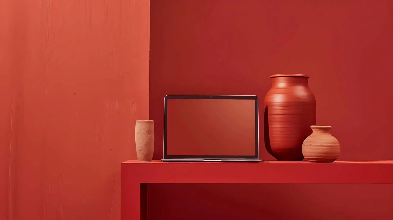 Laptop and Clay Pots on Red Shelf — free download from Dotvec