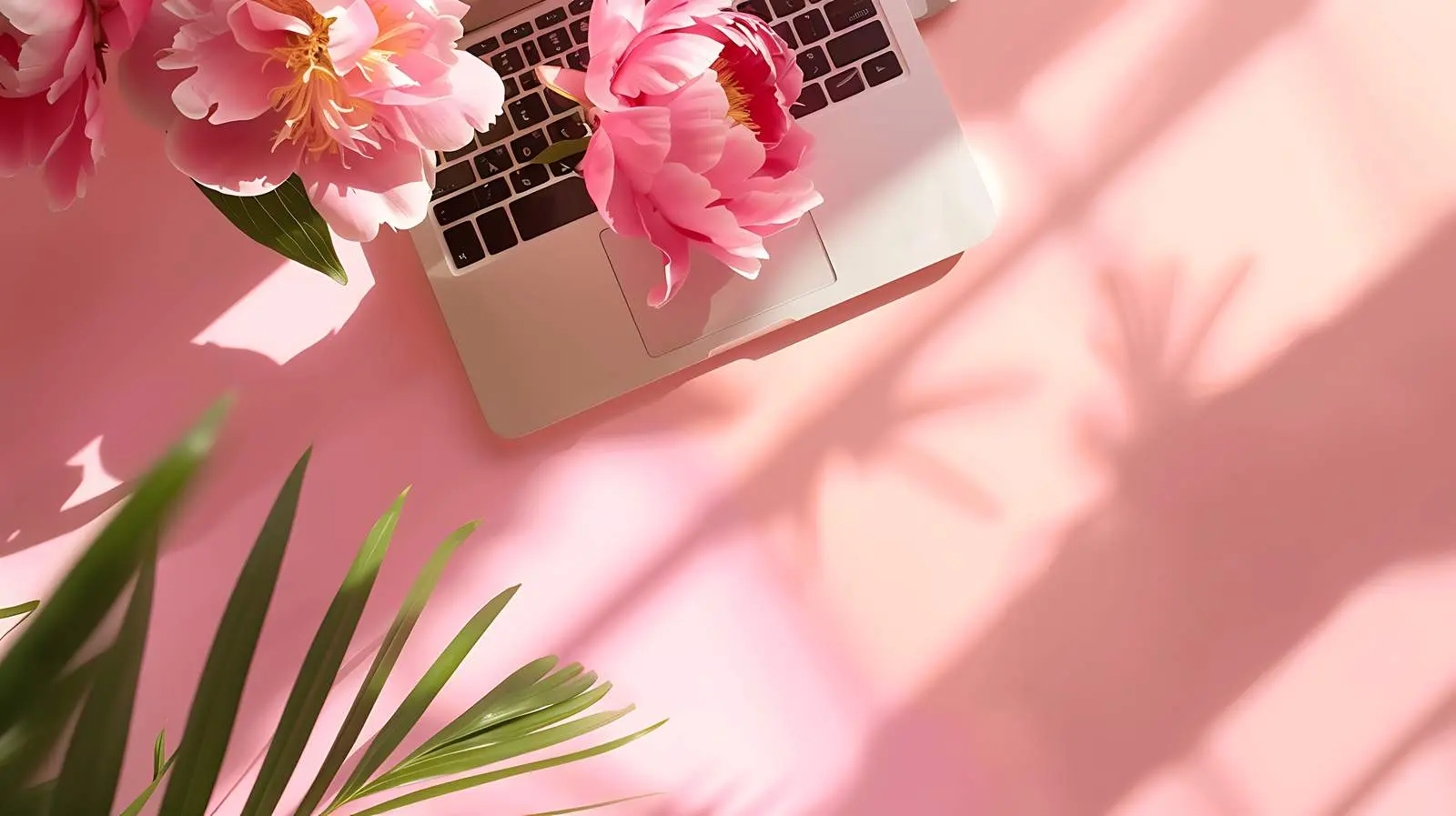 Laptop and Peony Flower in Sunlight — free download from Dotvec