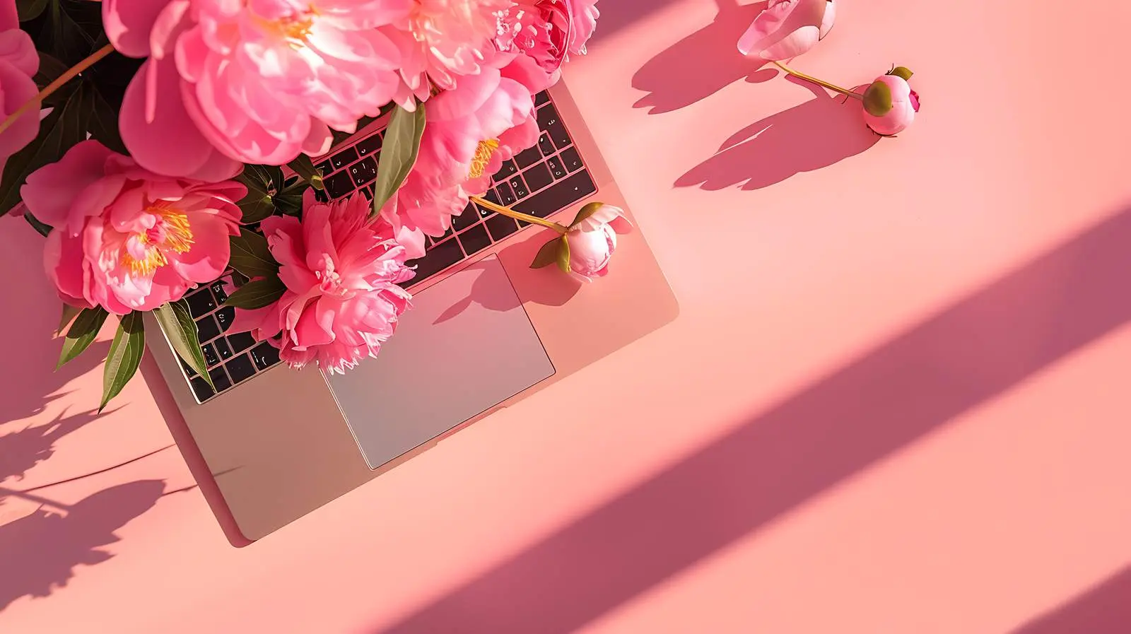 Laptop with Peony Flower in Sunlight — free download from Dotvec