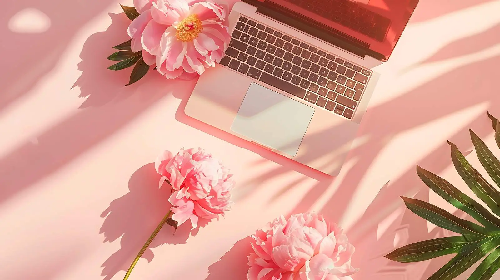 Laptop and Peony Flower in Sunlight — free download from Dotvec