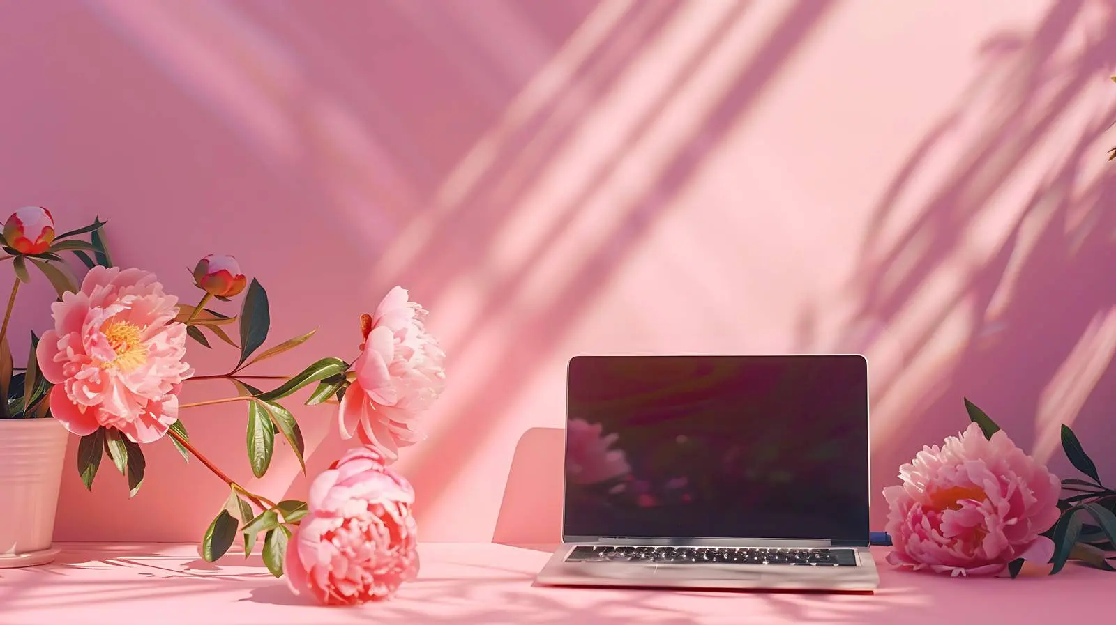 Laptop and Peony Flower in Sunlight — free download from Dotvec