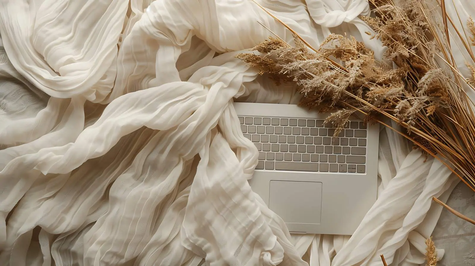 Laptop on Dried Grass with Crumpled Linen Background — free download from Dotvec