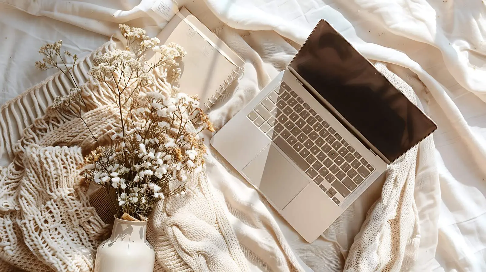 Laptop Accessories with Dried Flowers on Neutral Background — free download from Dotvec