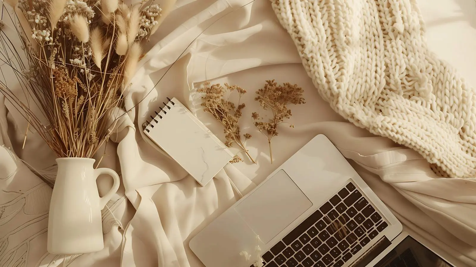 Laptop Accessories with Dried Flowers on Neutral Background — free download from Dotvec