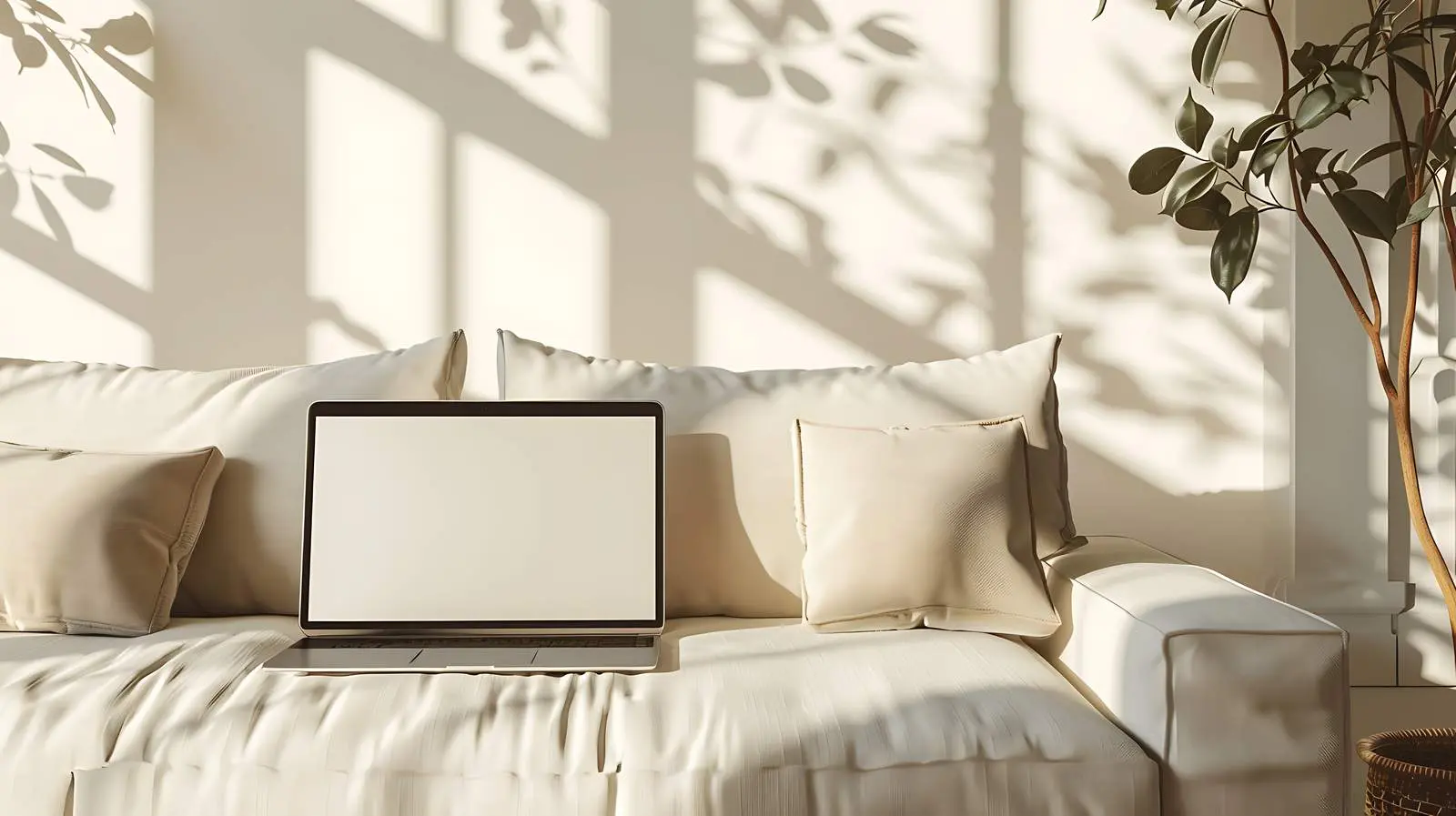 Laptop on Beige Sofa with Elegant Pillows — free download from Dotvec