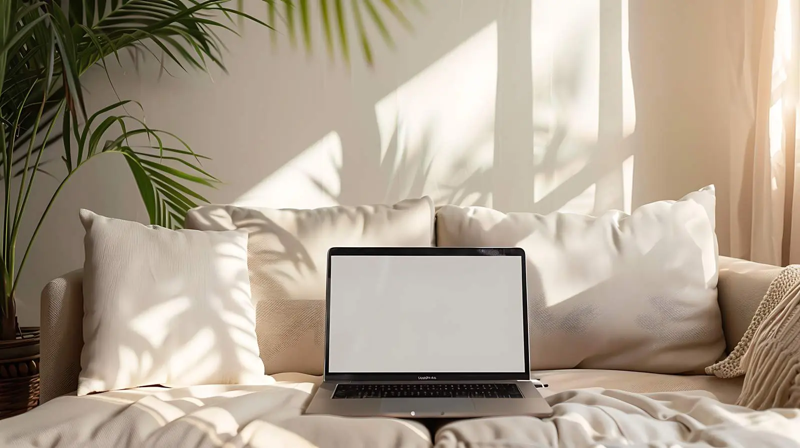 Laptop on Beige Sofa with Pillows — free download from Dotvec