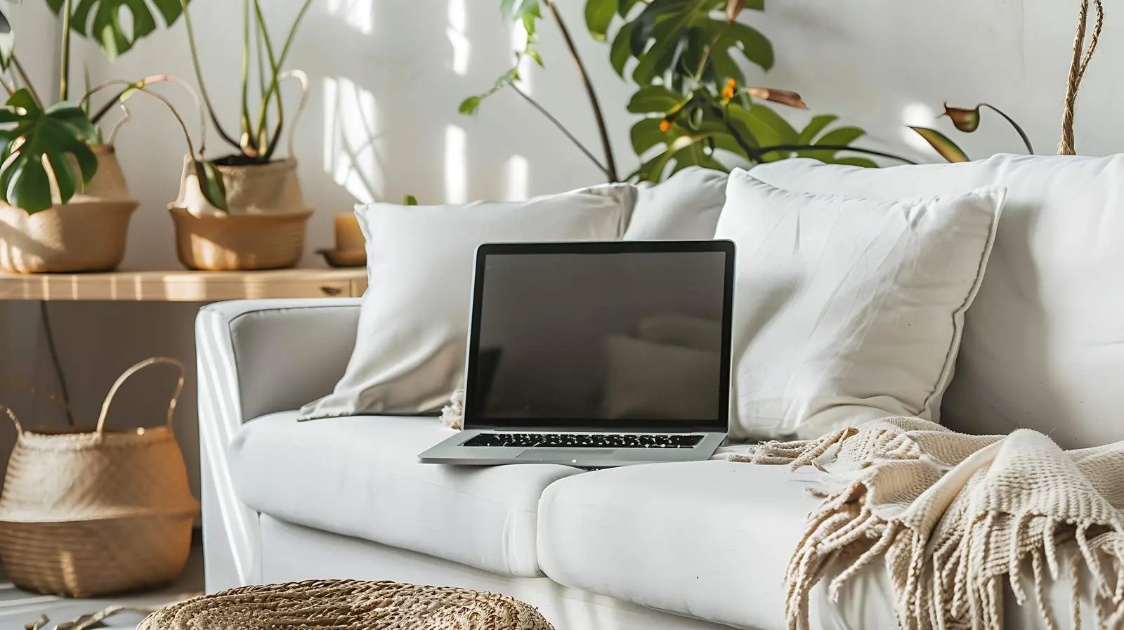 Laptop on Sofa in Minimalist Aesthetic Setting — free download from Dotvec