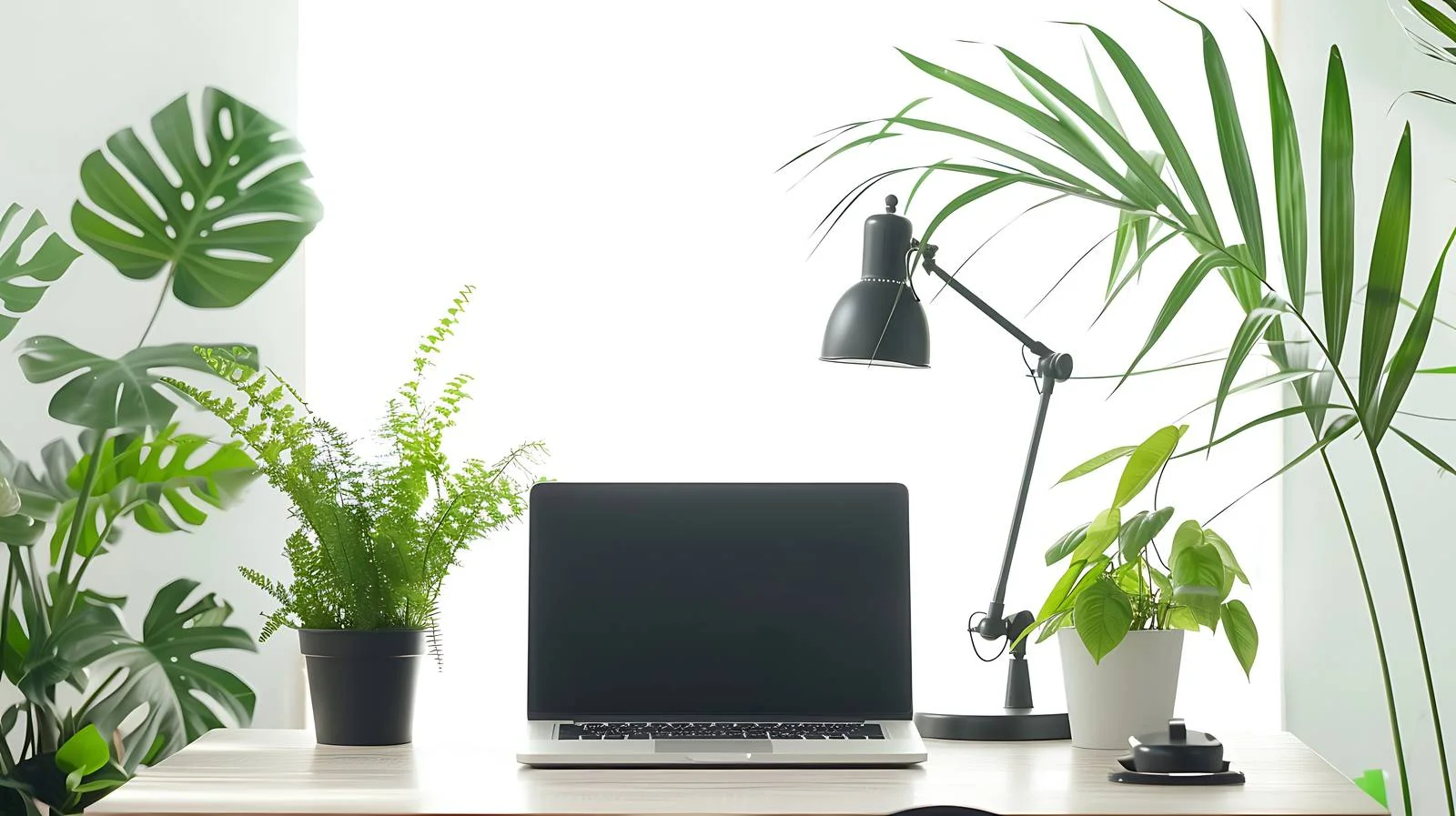 Modern Workstation with Desk Lamp and Plants — free download from Dotvec