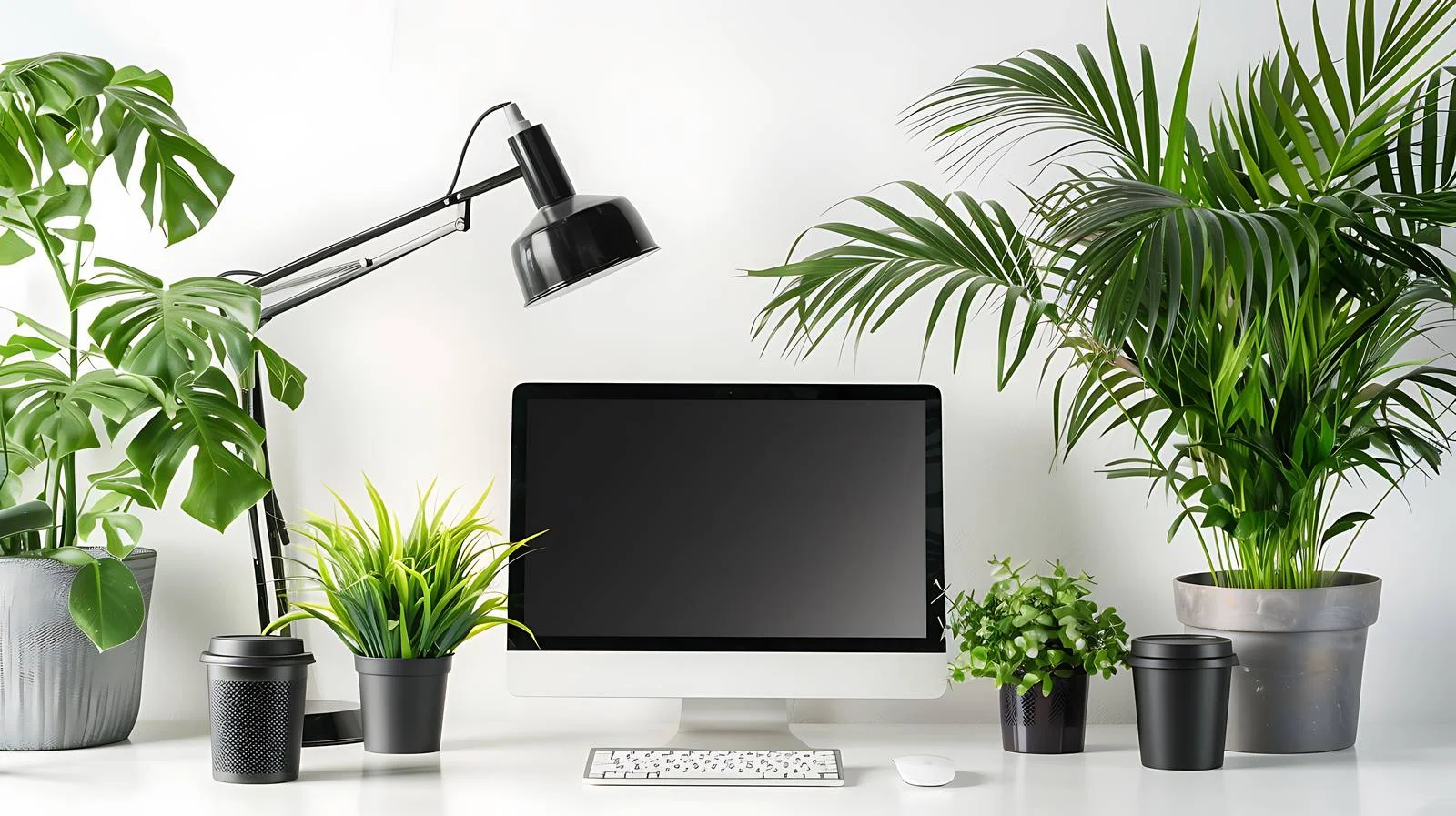 Modern Workspace with Laptop, Lamp, and Houseplants — free download from Dotvec