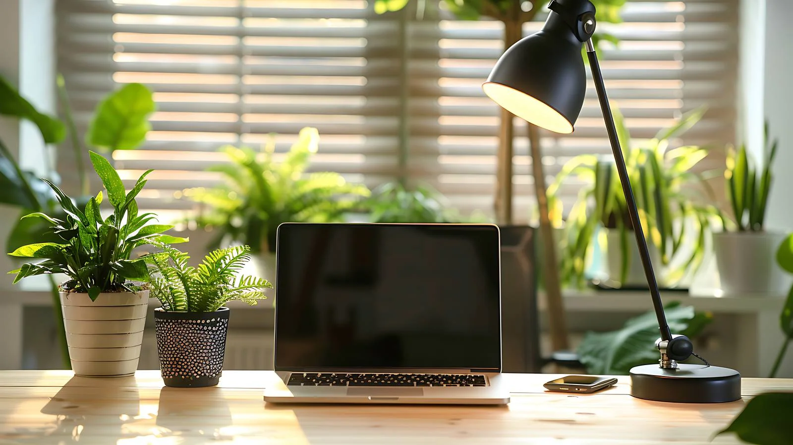 Modern Workspace with Laptop, Lamp, and Plants — free download from Dotvec