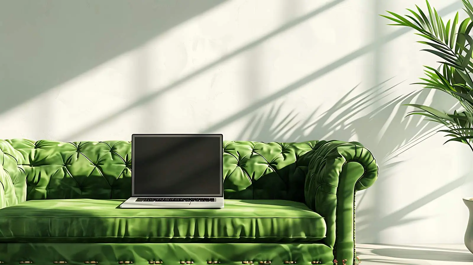 Laptop on Green Sofa with Sunlight Shadows — free download from Dotvec