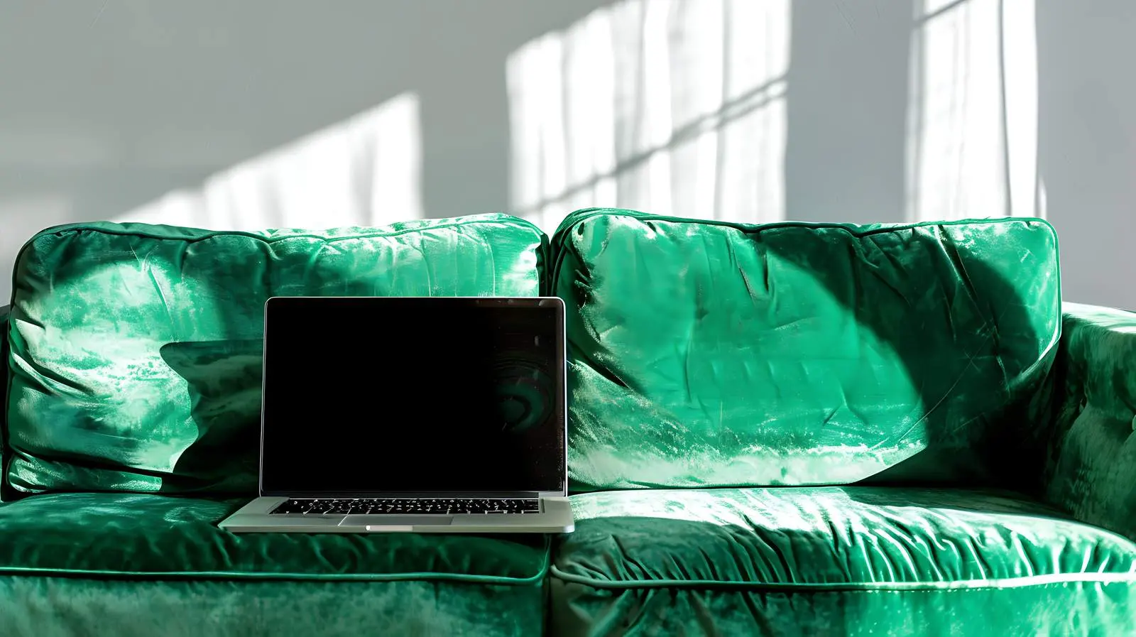 Laptop on Green Sofa with Sunlight Shadows — free download from Dotvec