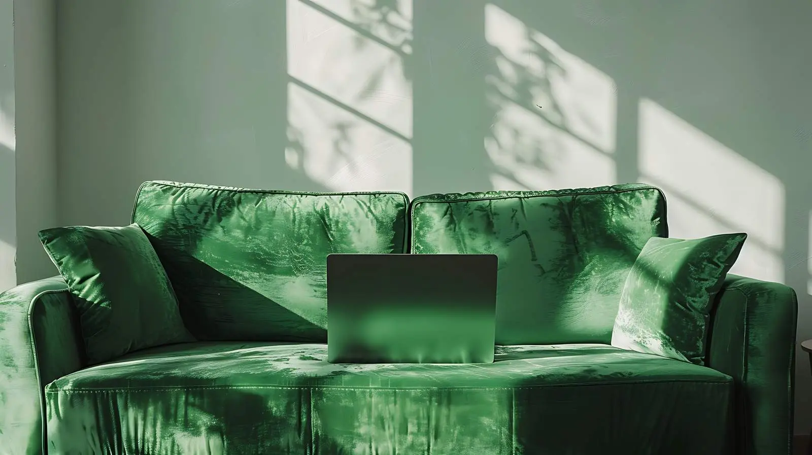 Laptop on Green Sofa with Sunlight Shadows — free download from Dotvec