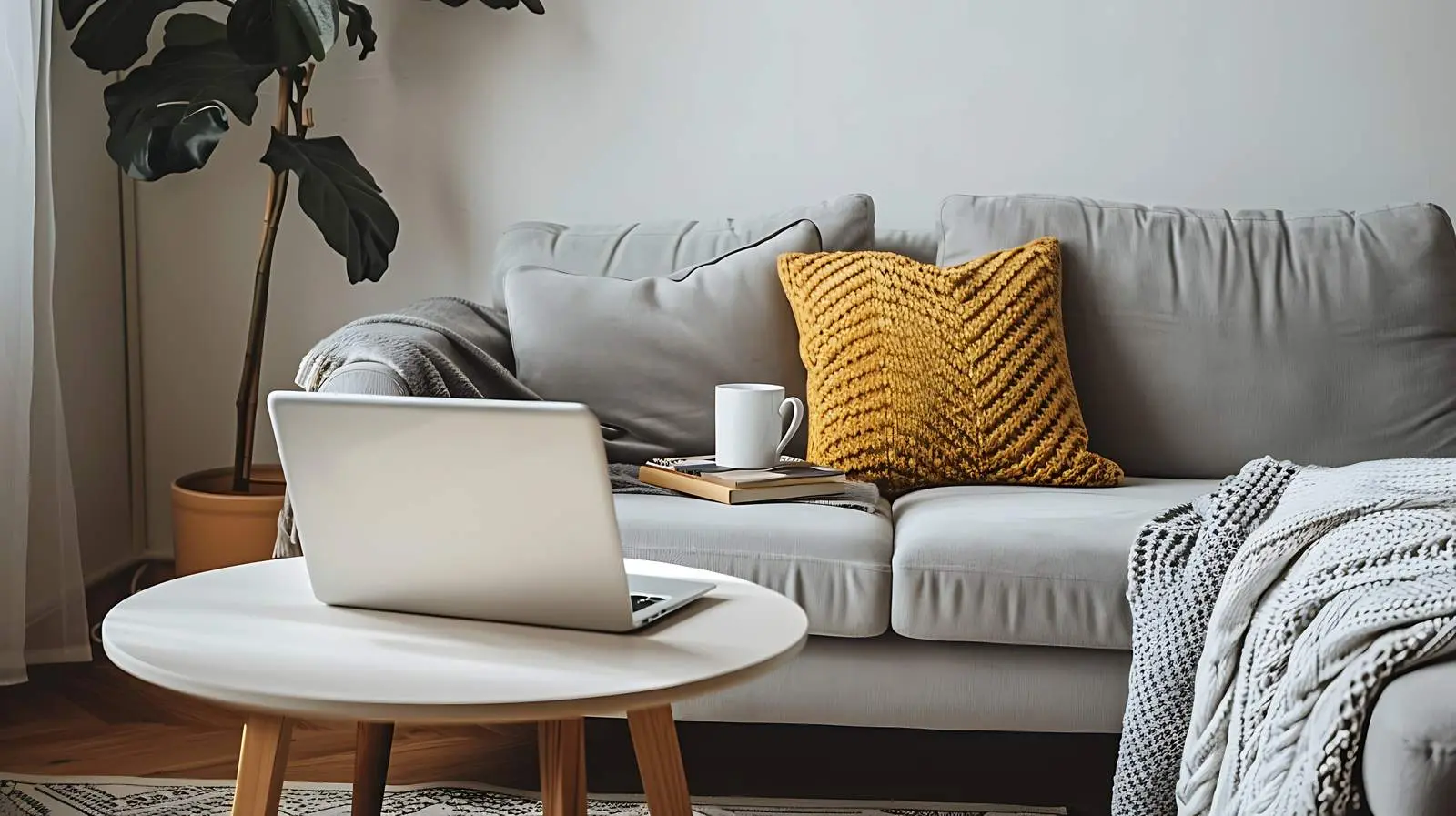 Laptop on Side Table by Comfortable Sofa — free download from Dotvec