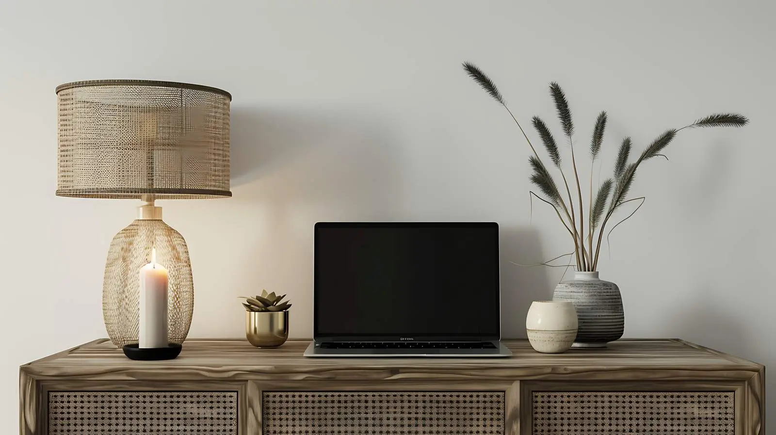 Cozy Workspace with Laptop and Candle Lamp — free download from Dotvec