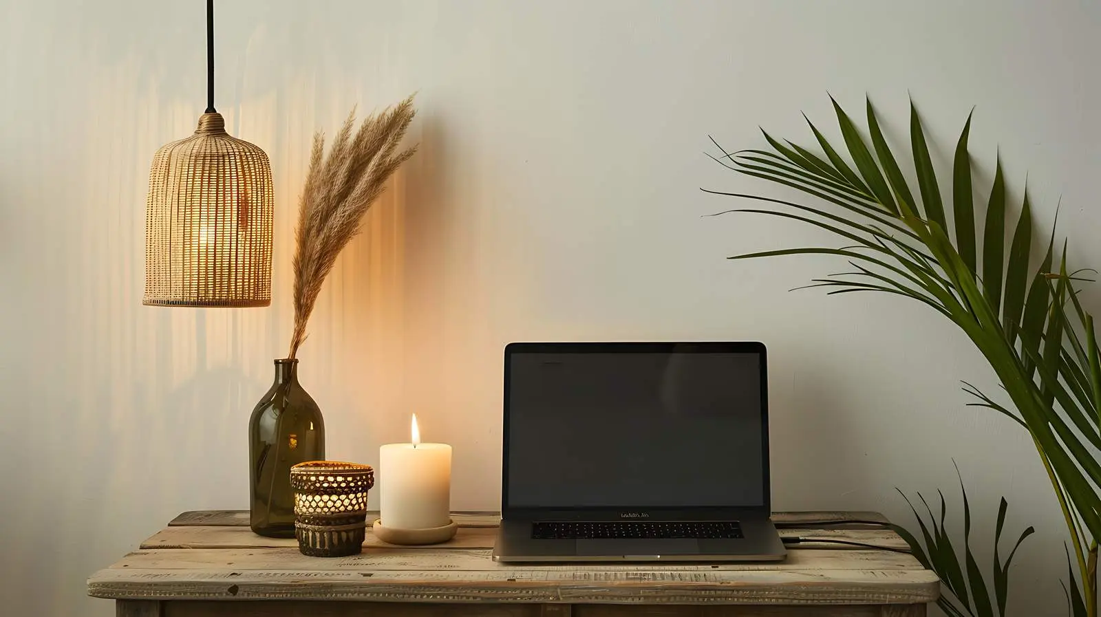 Laptop on Wooden Console with Candle Lamp — free download from Dotvec