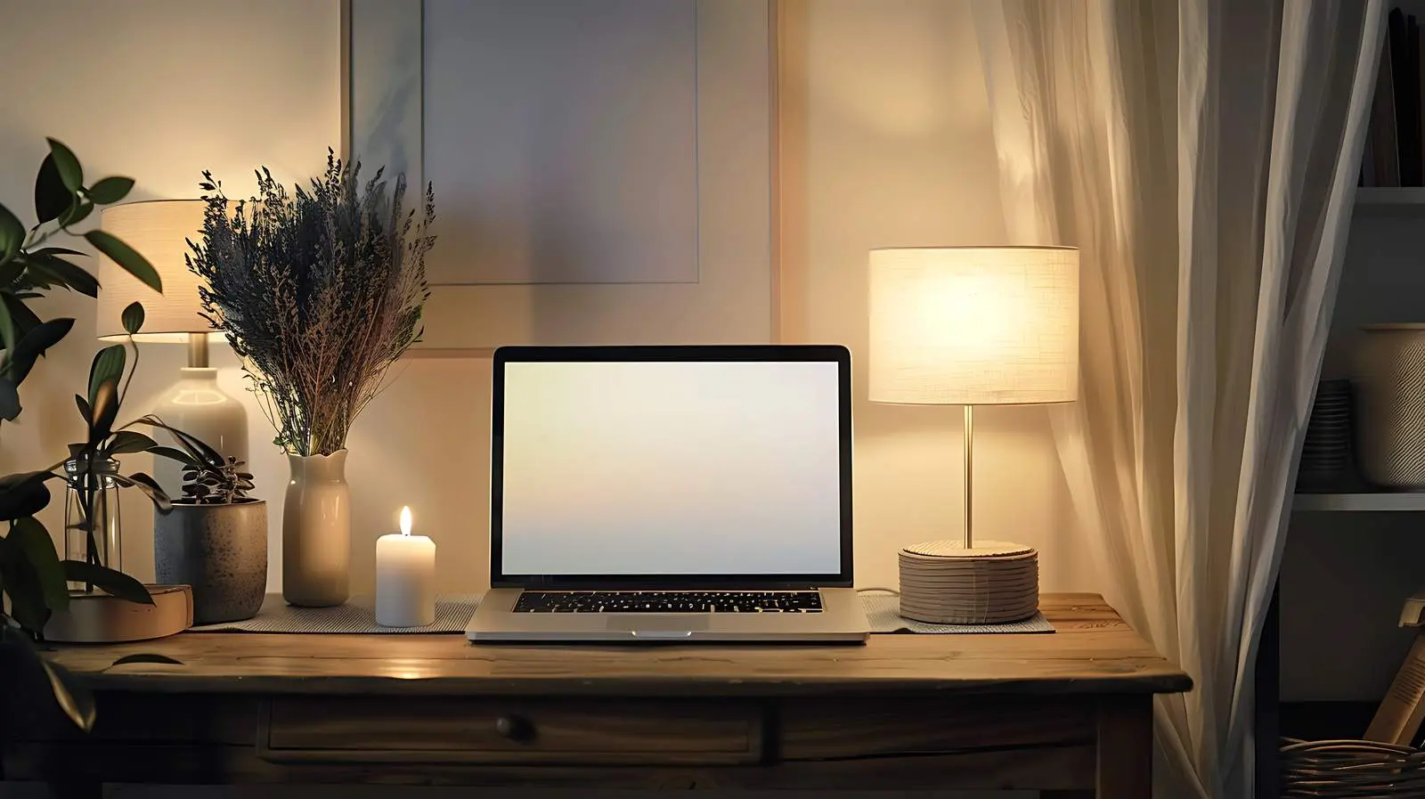 Laptop on Wooden Console with Candle Lamp — free download from Dotvec