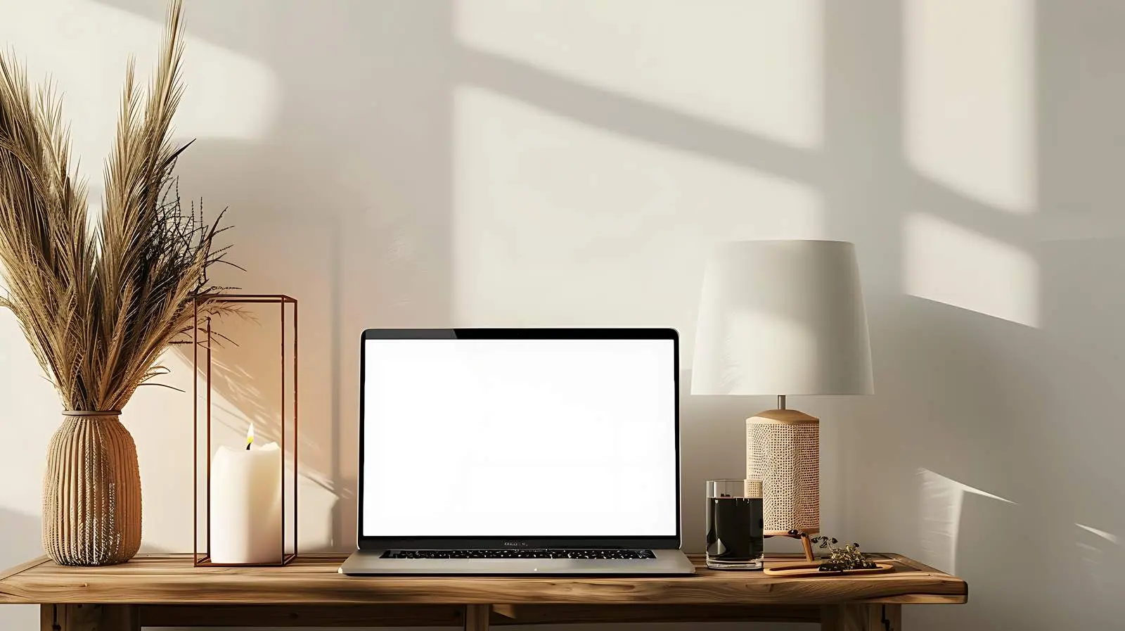 Laptop on Wooden Console with Candle Lamp — free download from Dotvec