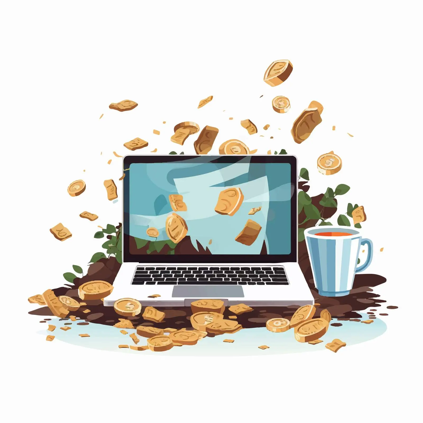 Laptop with Documents and Coins on Table – free budget plan image from Dotvec