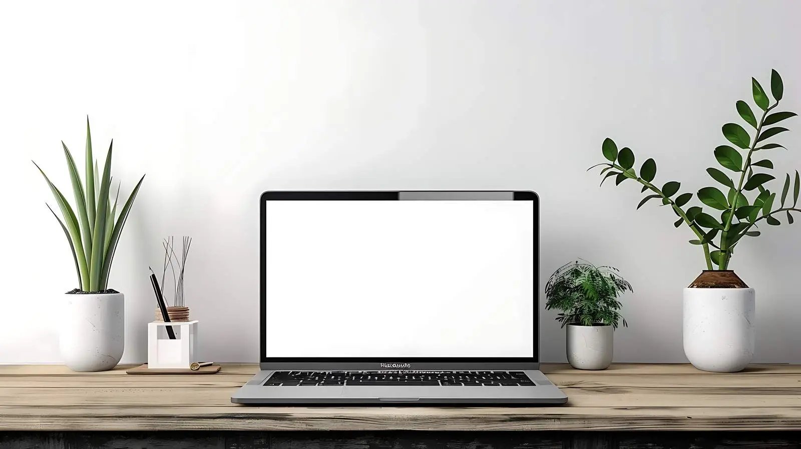 Laptop on Wooden Table with Blank Screen — free download from Dotvec