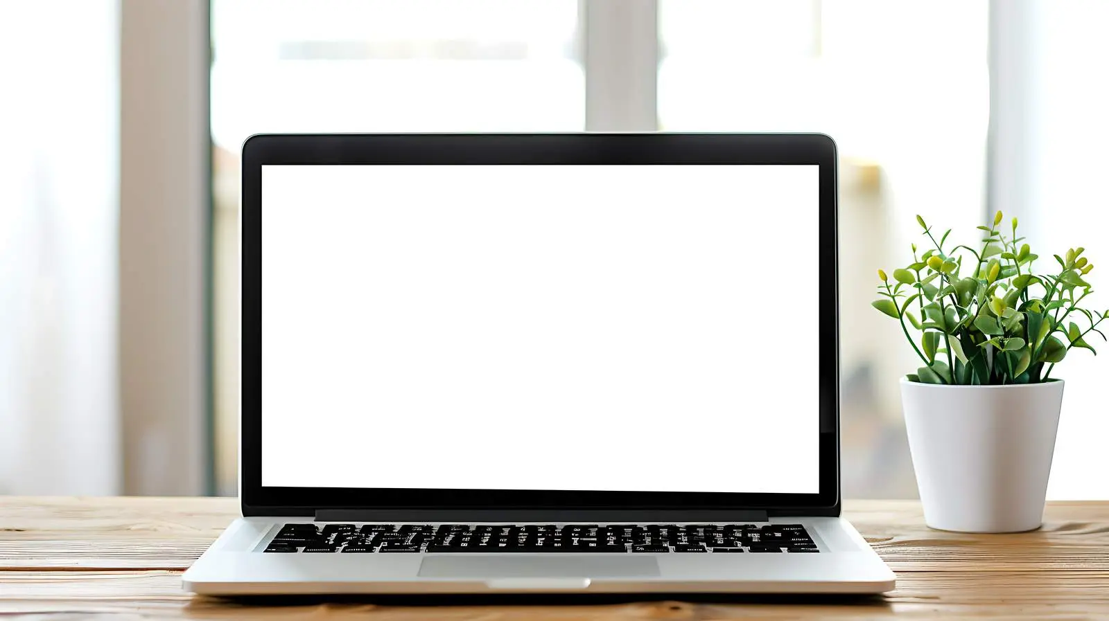 Laptop on Wooden Table with Blank Screen — free download from Dotvec