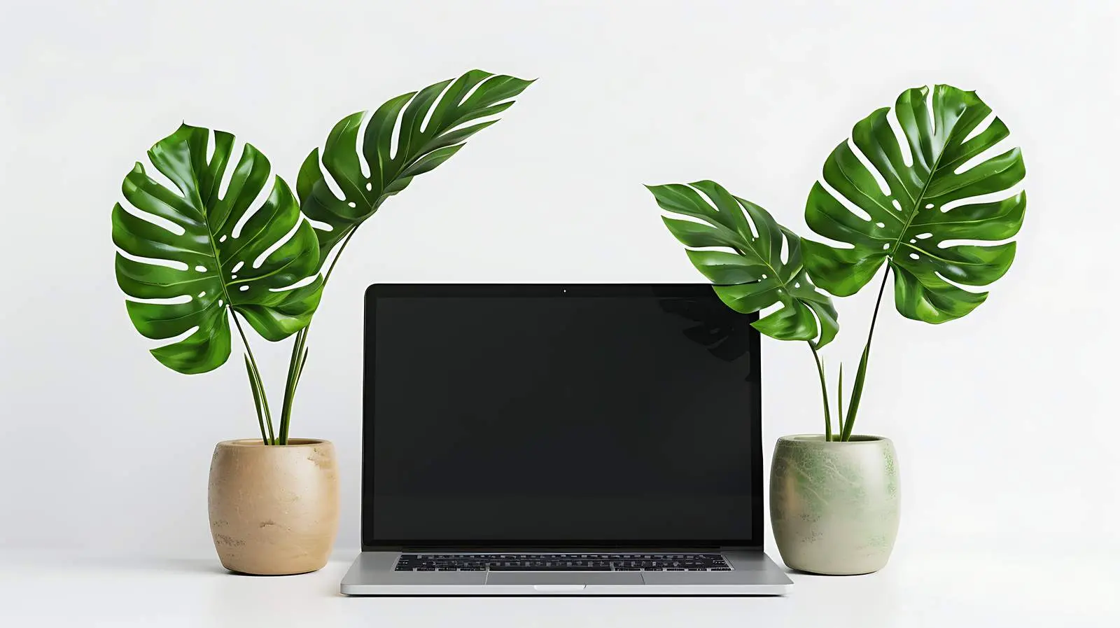 Laptop on Desk with Monstera Leaf and Pots — free download from Dotvec