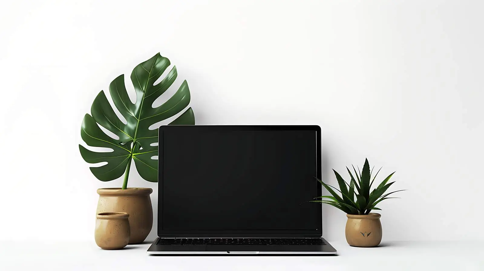 Laptop on Desk with Monstera Leaf and Clay Pots — free download from Dotvec