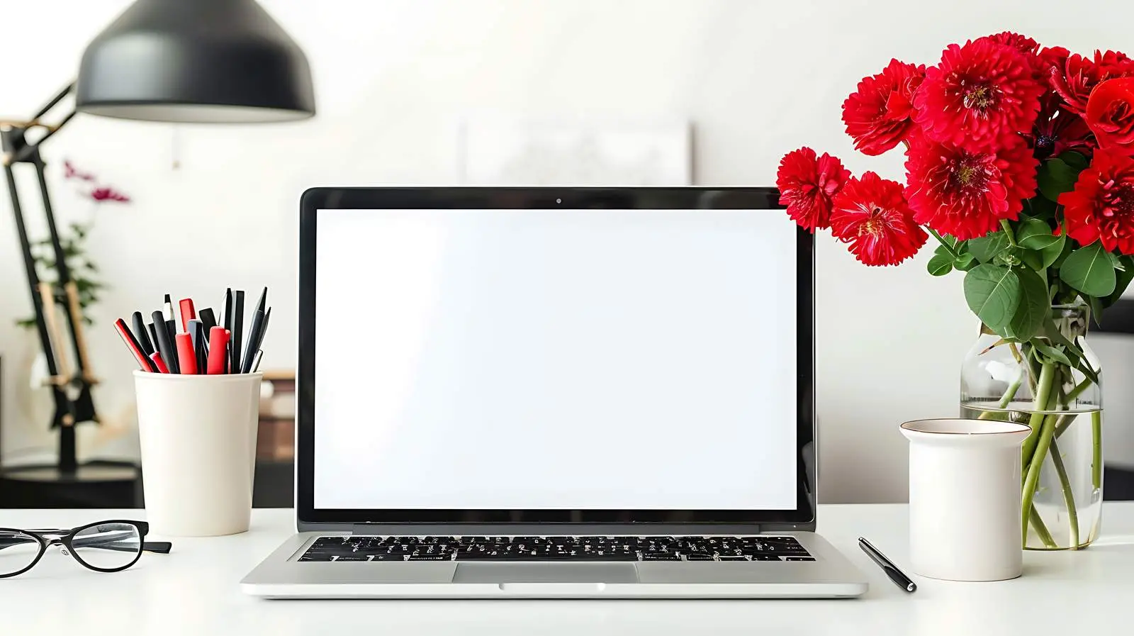 Laptop on Table with Glasses and Lamp — free download from Dotvec