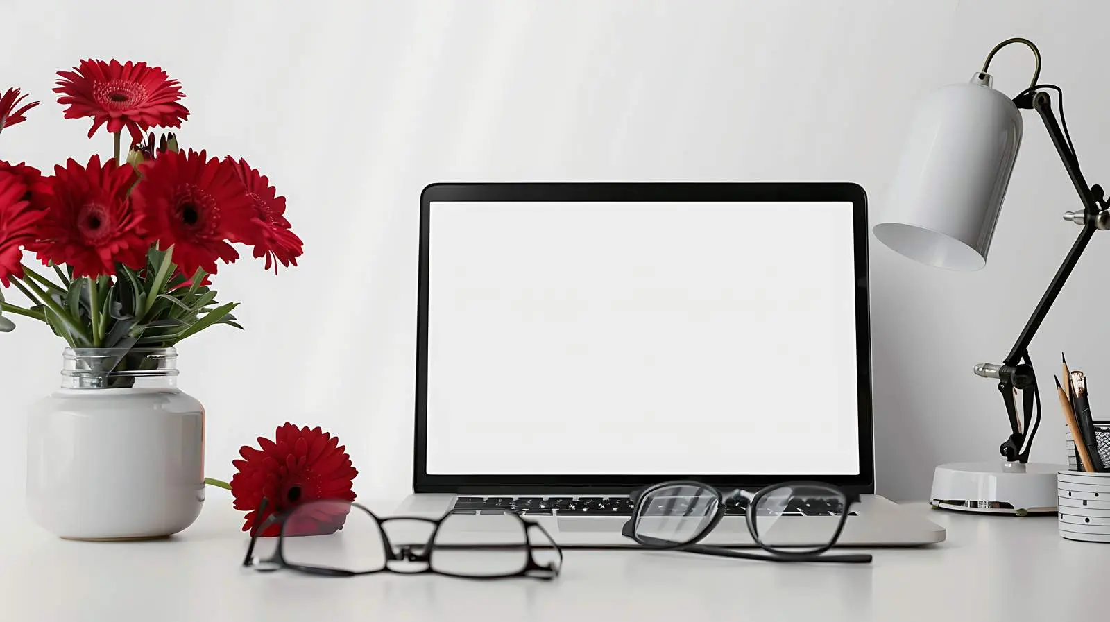 Blank Screen Laptop on Table with Glasses and Lamp — free download from Dotvec