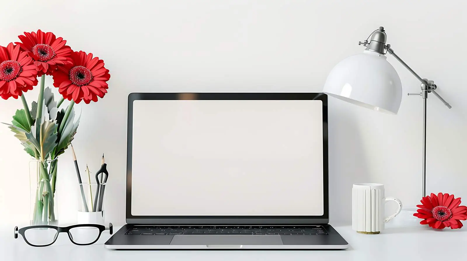 Laptop on Table with Blank Screen and Accessories — free download from Dotvec