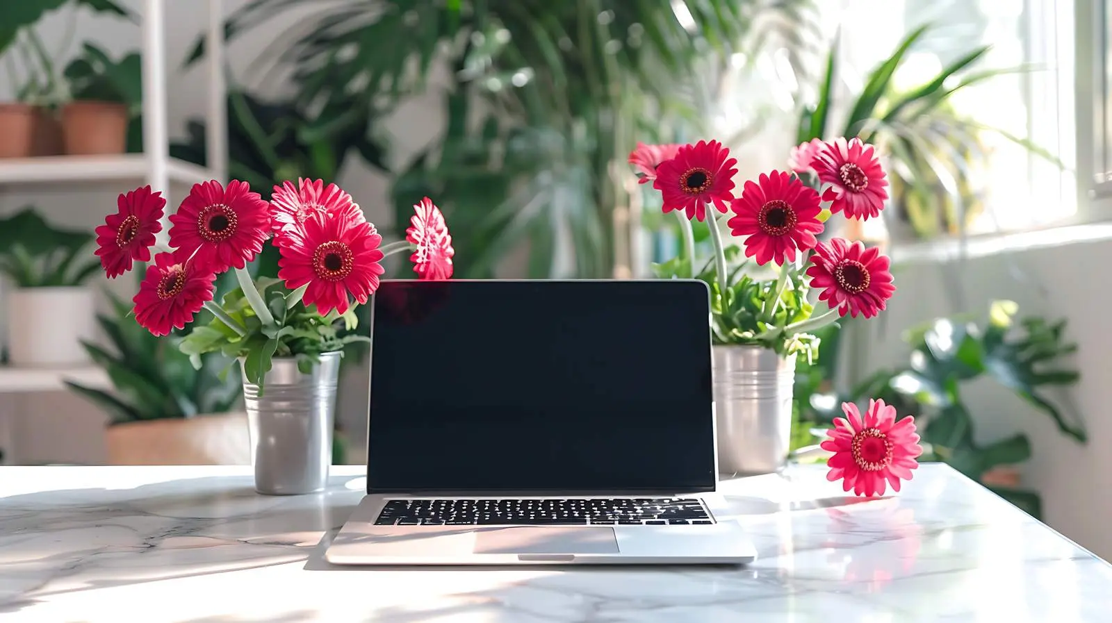 Laptop on Table with Red Gerbera Flower — free download from Dotvec