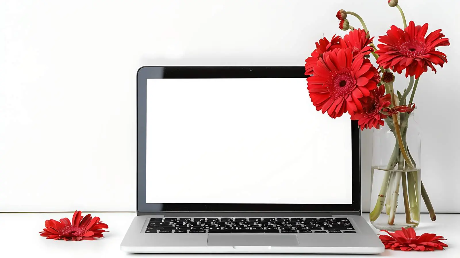 Laptop on Table with Red Flower — free download from Dotvec