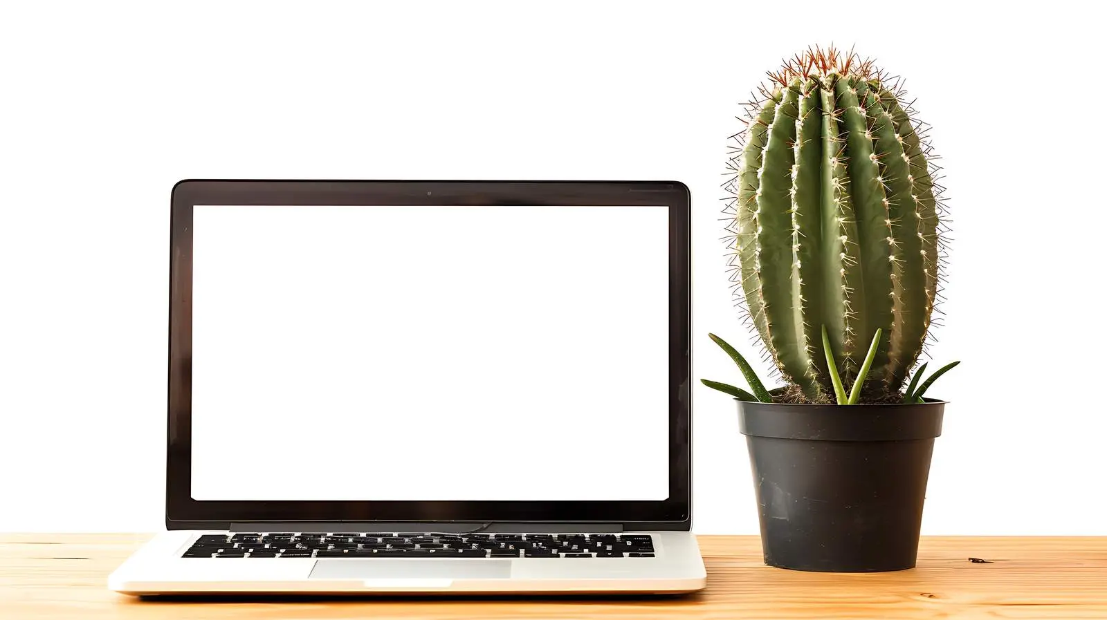 Laptop with Cactus on Wooden Table — free download from Dotvec